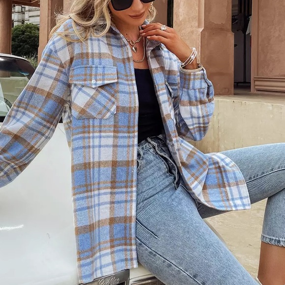 SOLD OUT Blue Plaid Flannel Oversized Shacket Shirt Jacket - Picture 2 of 5
